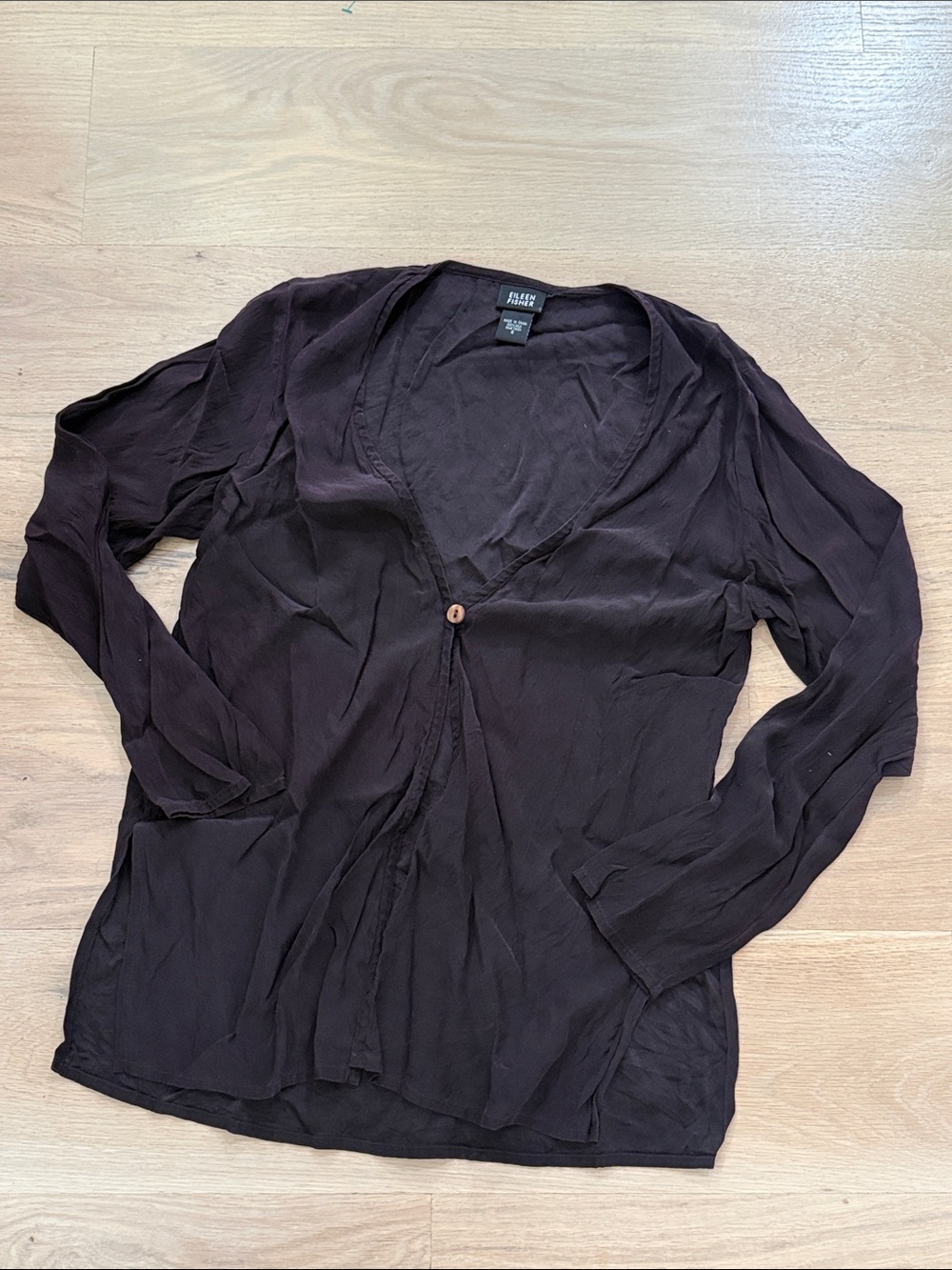 Eileen Fisher 100% Silk V-Neck Cardigan Blouse Single Button Brown Gray S
